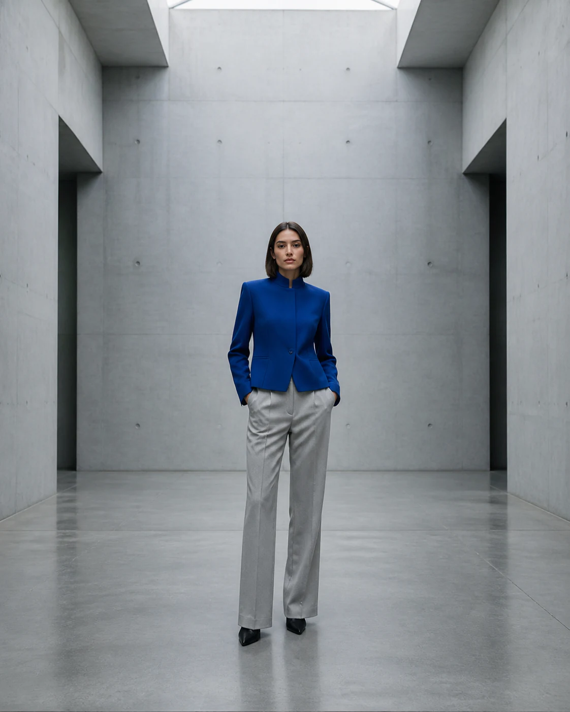 Editorial portrait with room around a full-body subject in a gallery