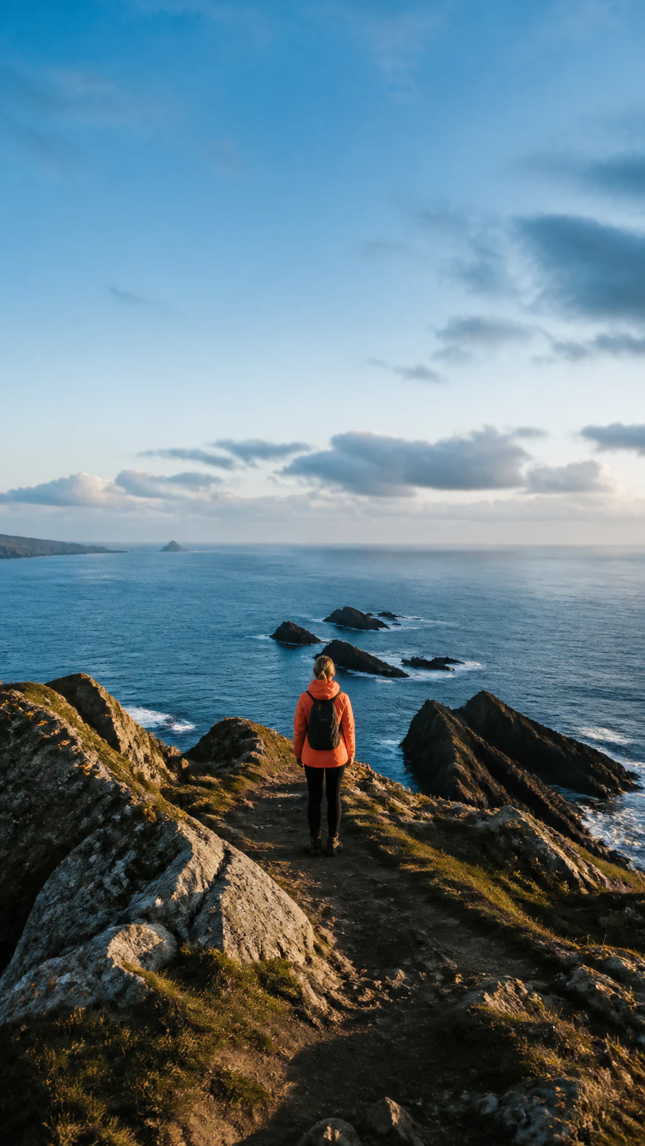 Finished coastal composition with a hiker, rocky foreground, ocean, and detailed horizon