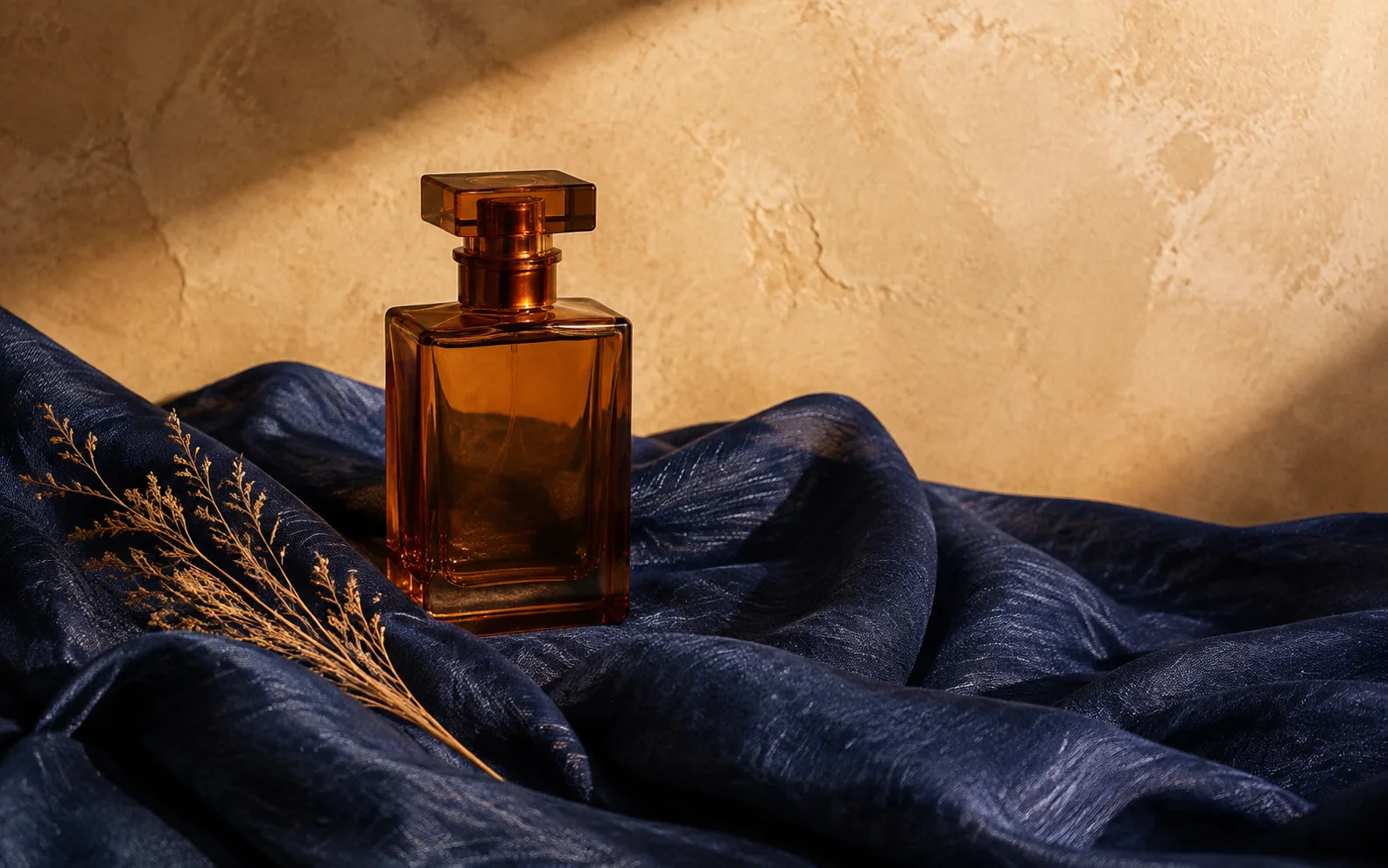 Unbranded amber glass bottle on indigo silk for a Gemini watermark removal example