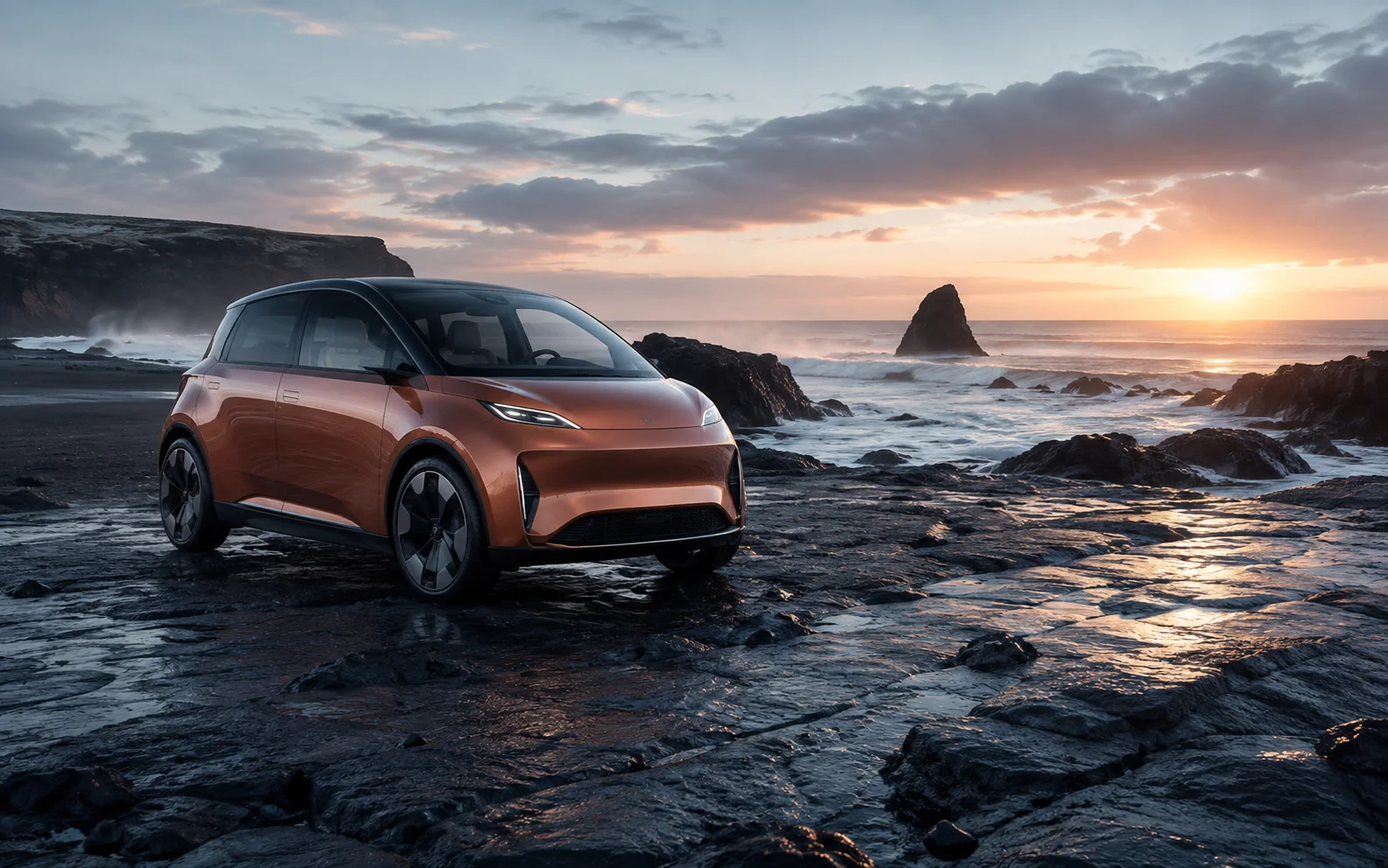 Copper concept car on a wet volcanic beach for a visible Gemini watermark cleanup example