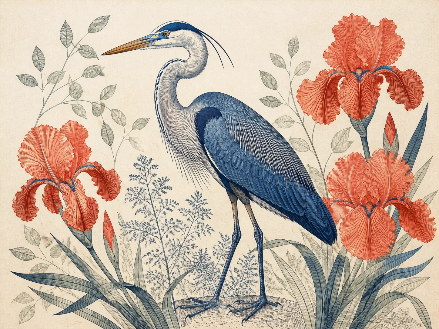 Fine-line blue heron and coral iris editorial illustration on textured paper