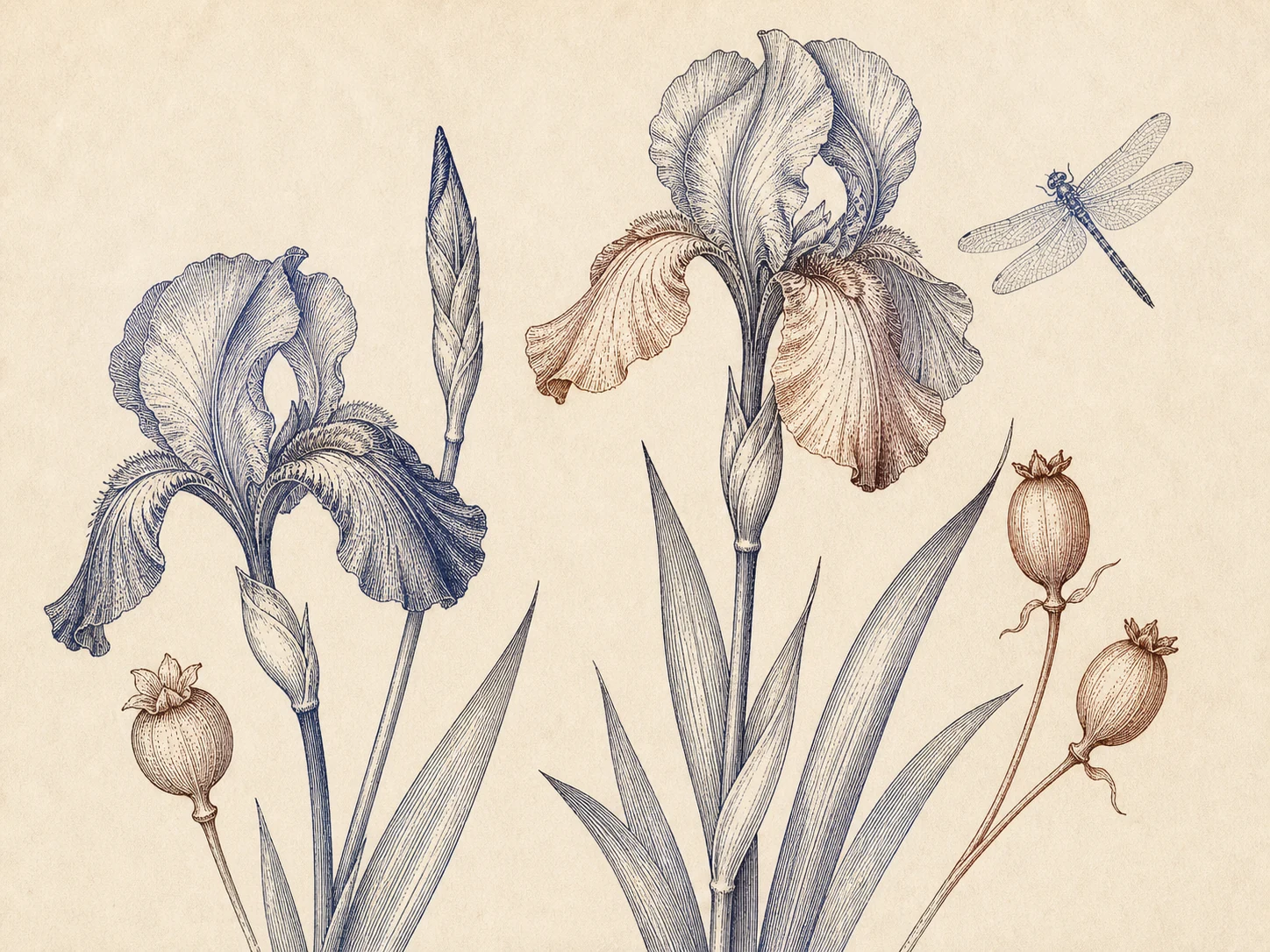 Copperplate iris and dragonfly engraving used for an Image Upscaler line-detail inspection