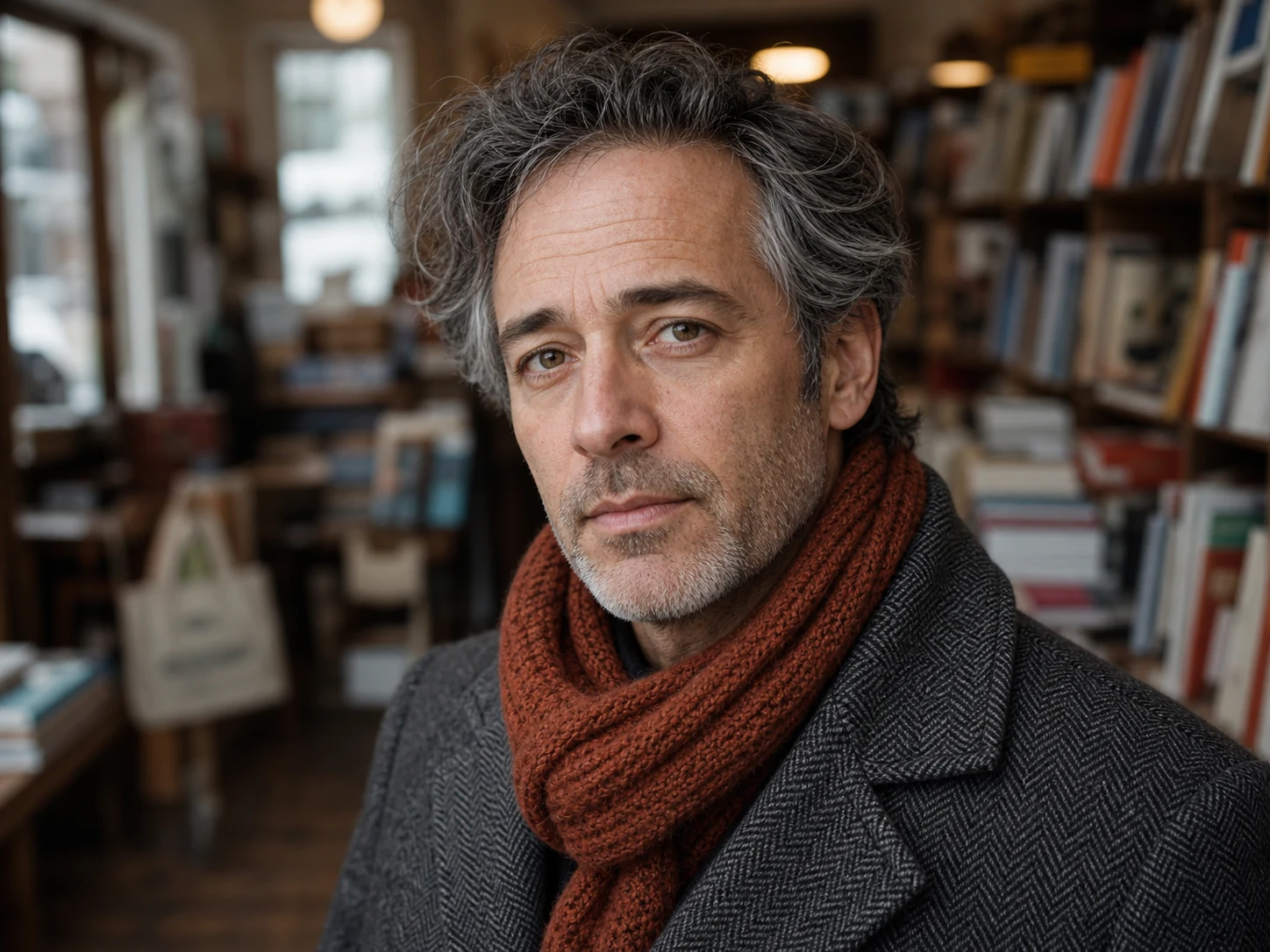 Adult man in a wool herringbone coat and knitted scarf used for an Image Upscaler portrait inspection
