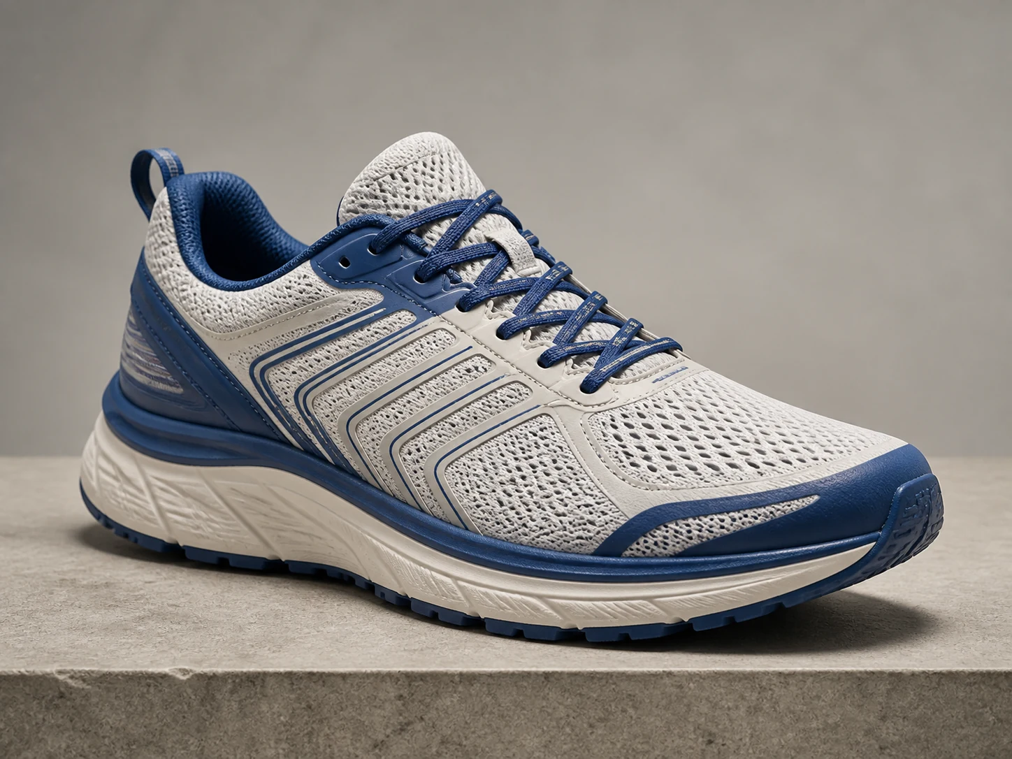 Unbranded technical running shoe with detailed mesh, laces, stitching, foam, and rubber tread