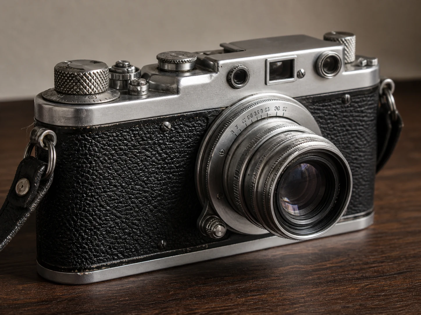 Vintage rangefinder camera used for an Image Upscaler leather-and-metal texture inspection