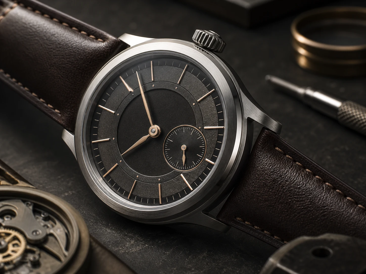 Mechanical wristwatch showing brushed steel, engraved indices, leather grain, and fine stitching