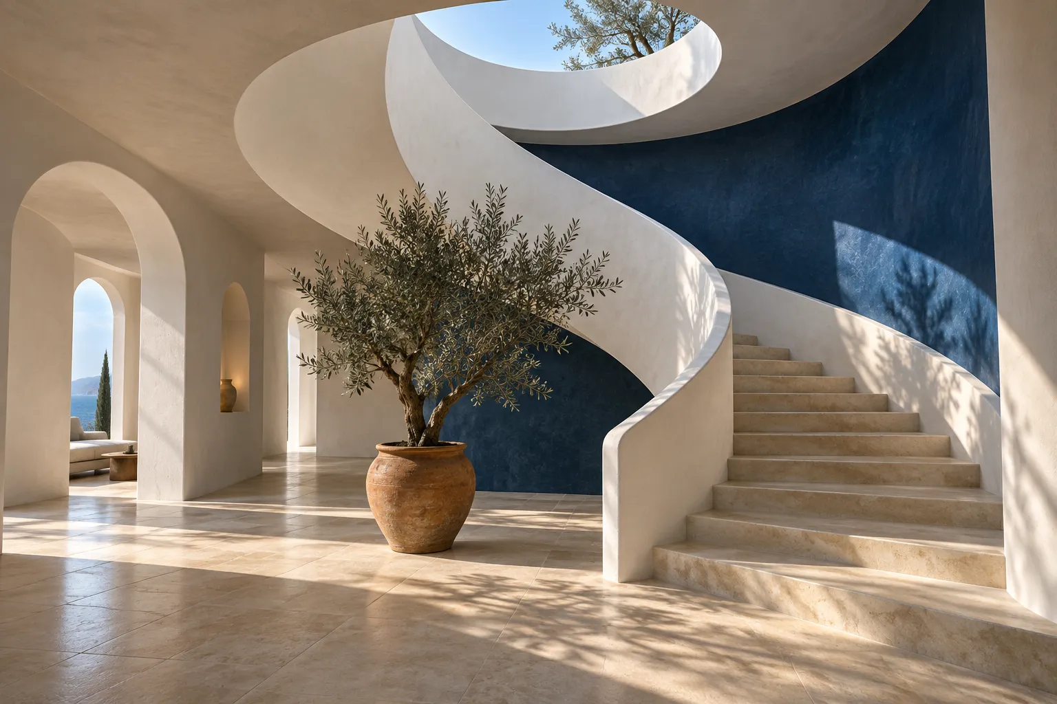 AI-created white spiral staircase and olive tree against a blue wall