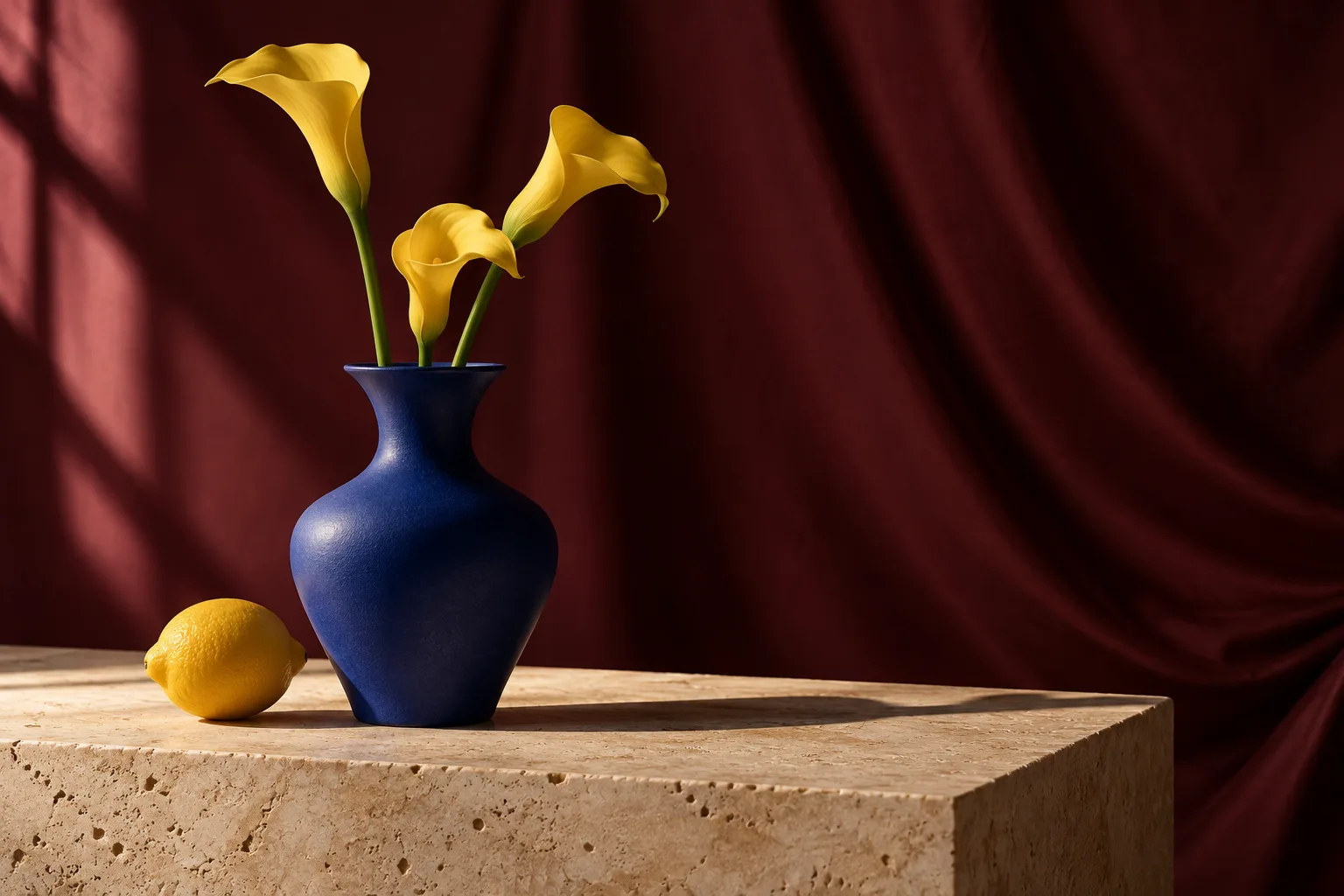 AI-created cobalt vase with yellow flowers on travertine
