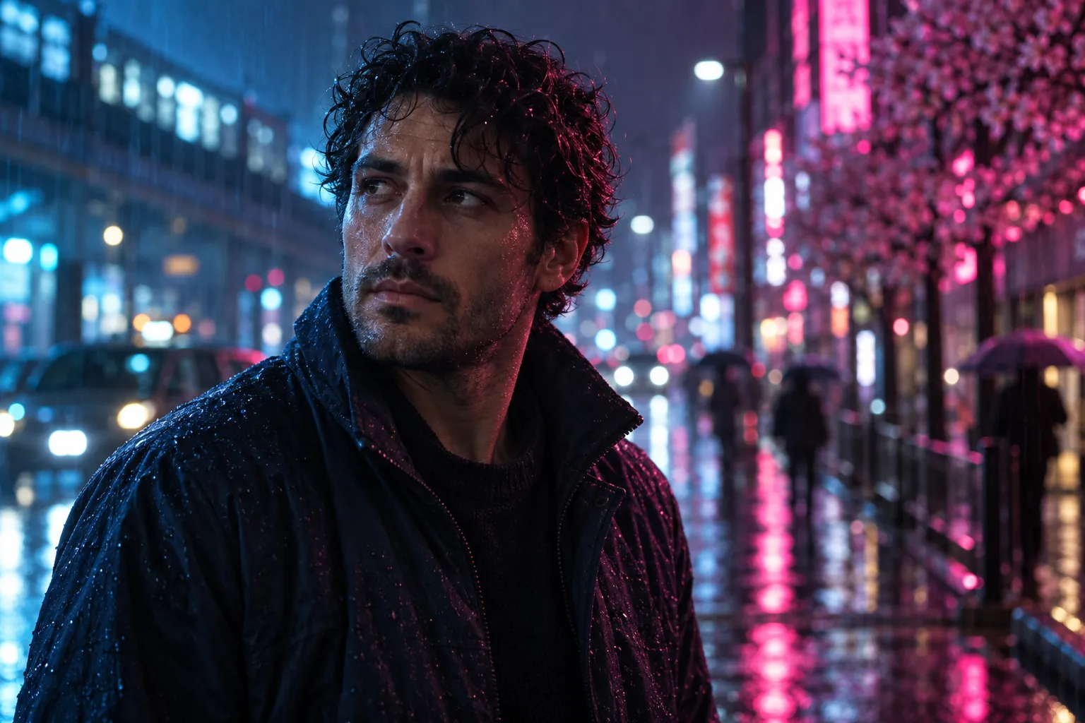 AI-created man lit by blue and pink light in a rainy city at night