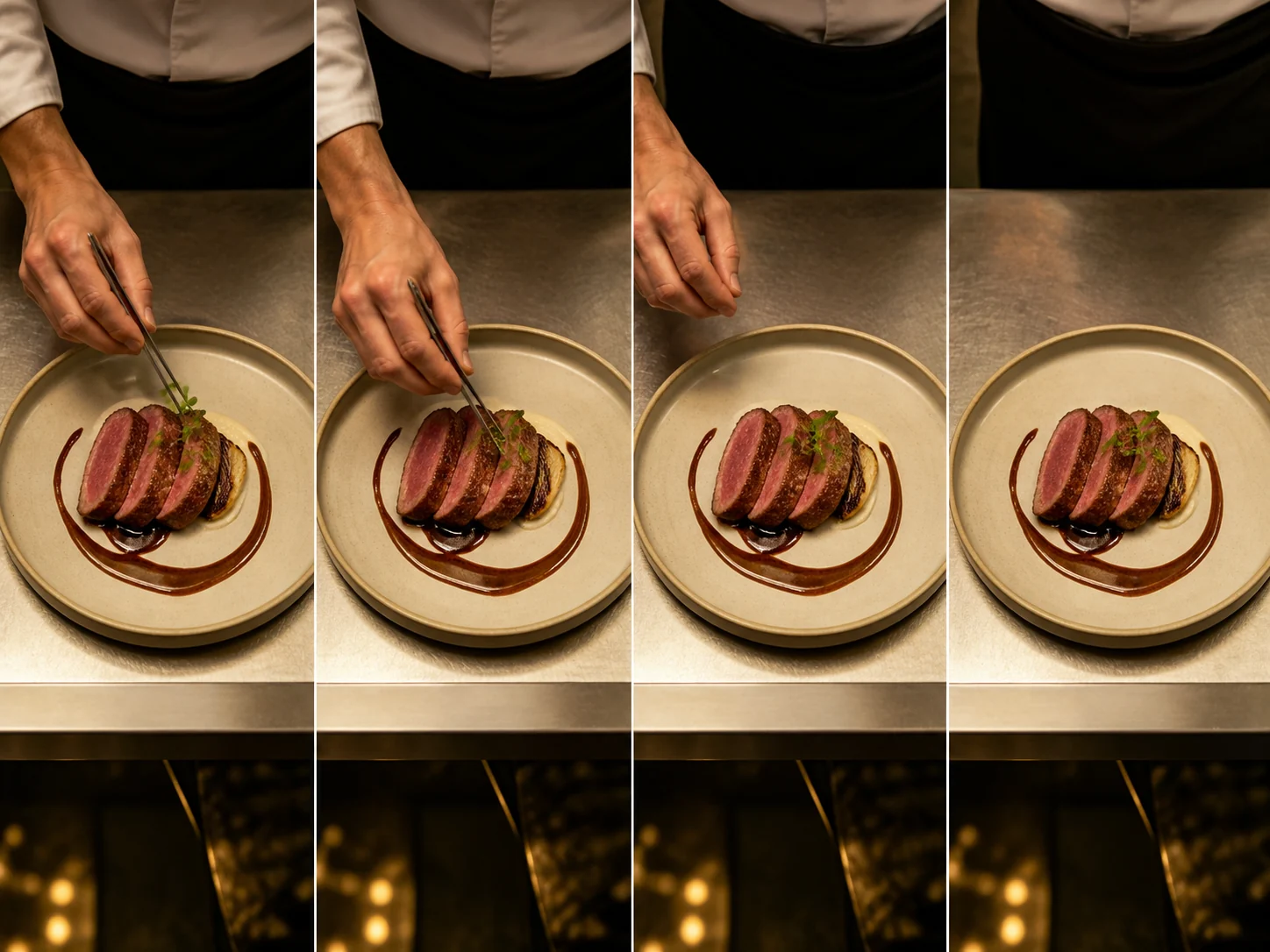 Four sequential overhead frames of a chef finishing a plated dish