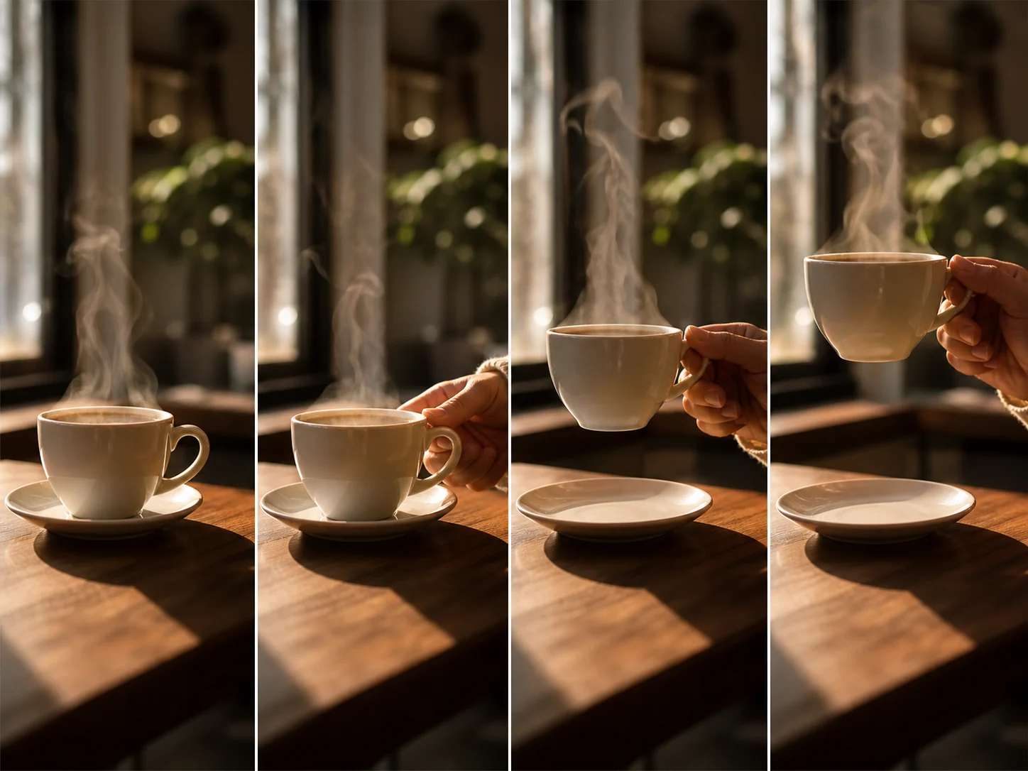 Sequential frames of a hand lifting a steaming coffee cup