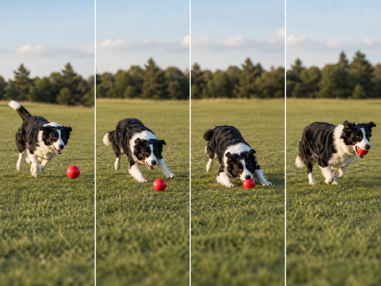 Four sequential frames of a border collie running toward and catching a red ball