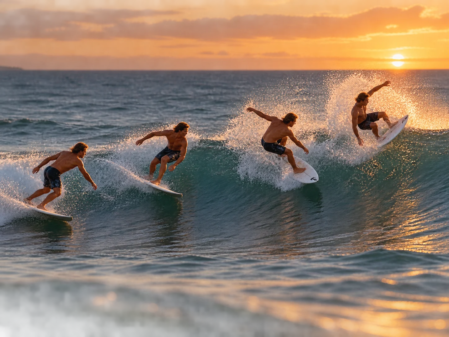 Sequential surfer frames continuing a wave turn at sunset