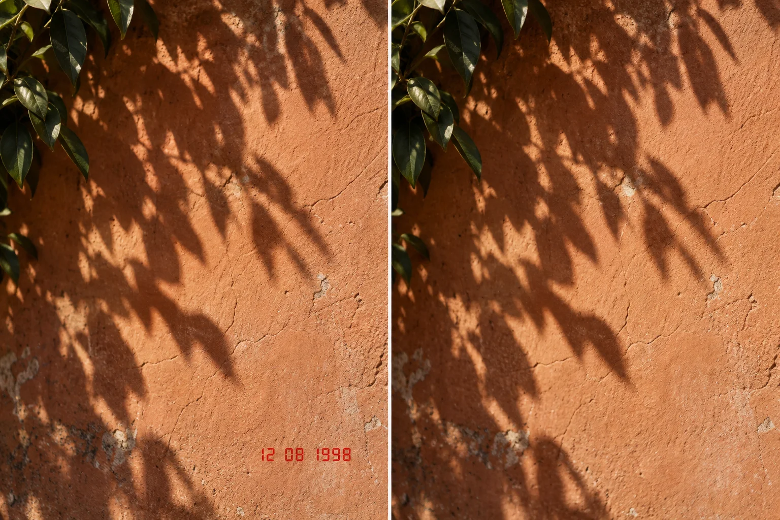 Before and after desert photograph showing a date stamp removed and the terracotta ground texture repaired