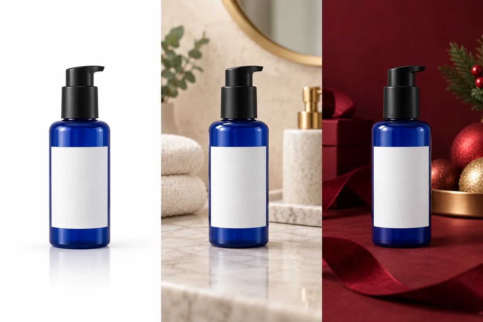 Three product background concepts for the same blue pump bottle: marketplace, lifestyle, and seasonal campaign