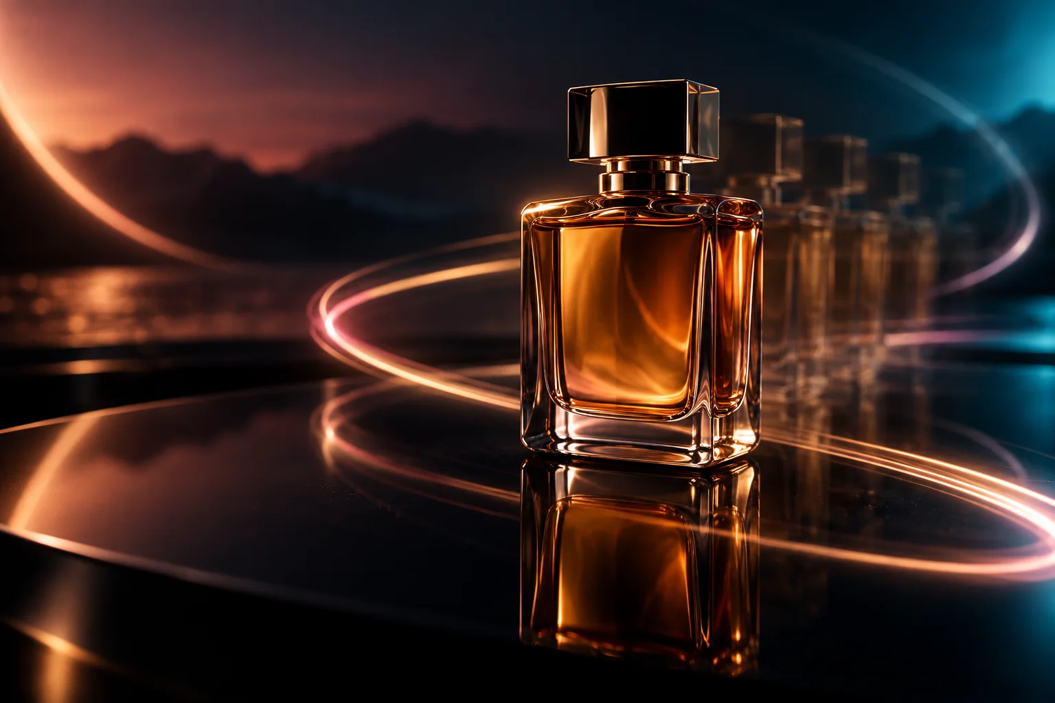 Amber perfume bottle shown with controlled camera motion and warm light trails in a cinematic product video concept
