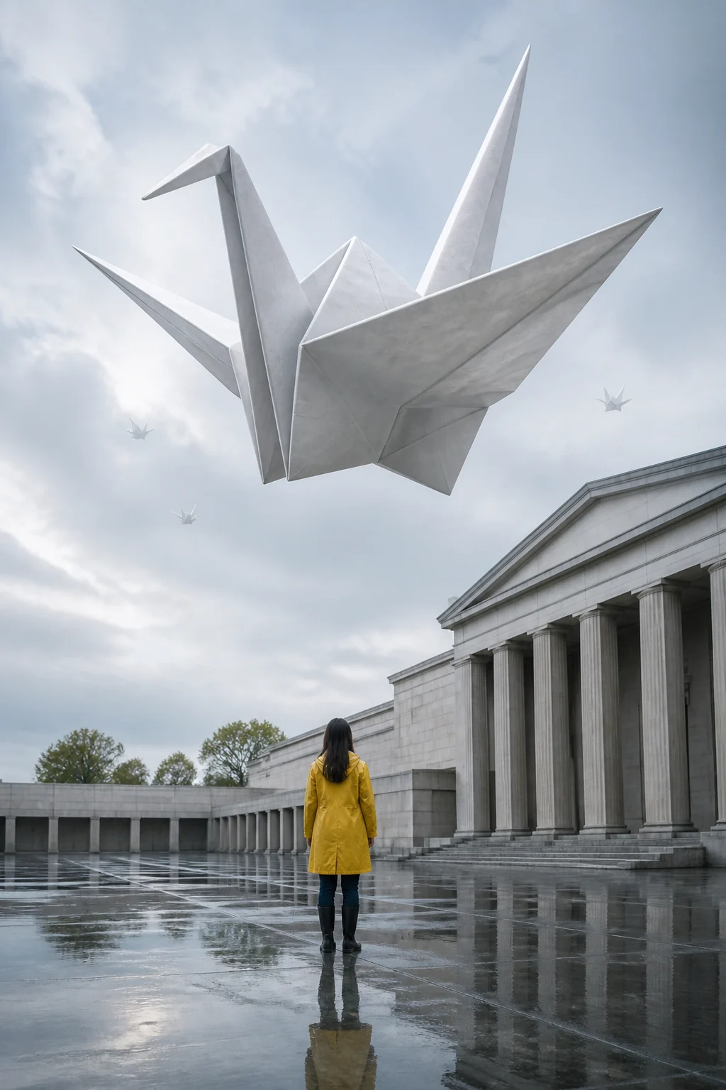 Giant origami crane floating above a woman in a museum plaza representing a composed fantasy source frame