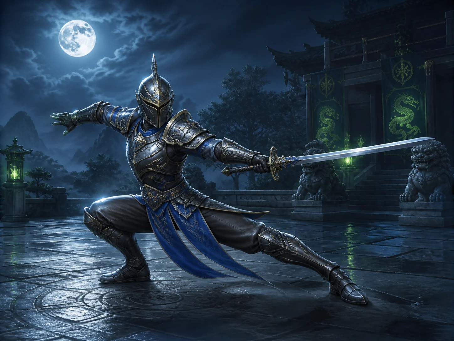 Full-body fantasy knight holding a wide martial-arts sword stance
