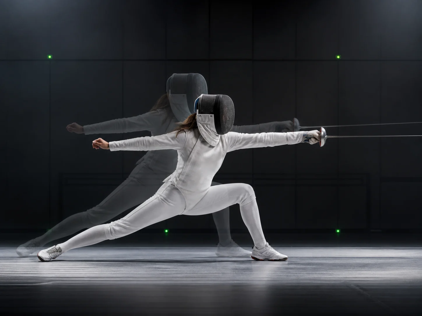 Full-body fencer and ghosted reference pose demonstrating motion timing transfer