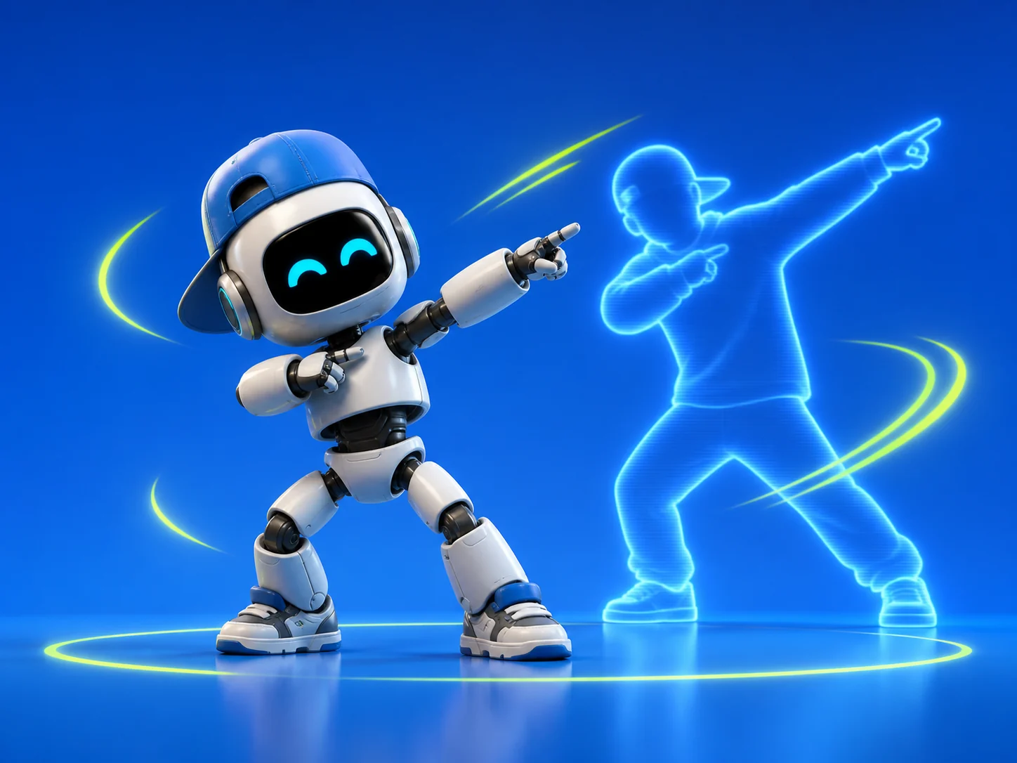 Small robot copying the dance pose of a glowing human motion guide