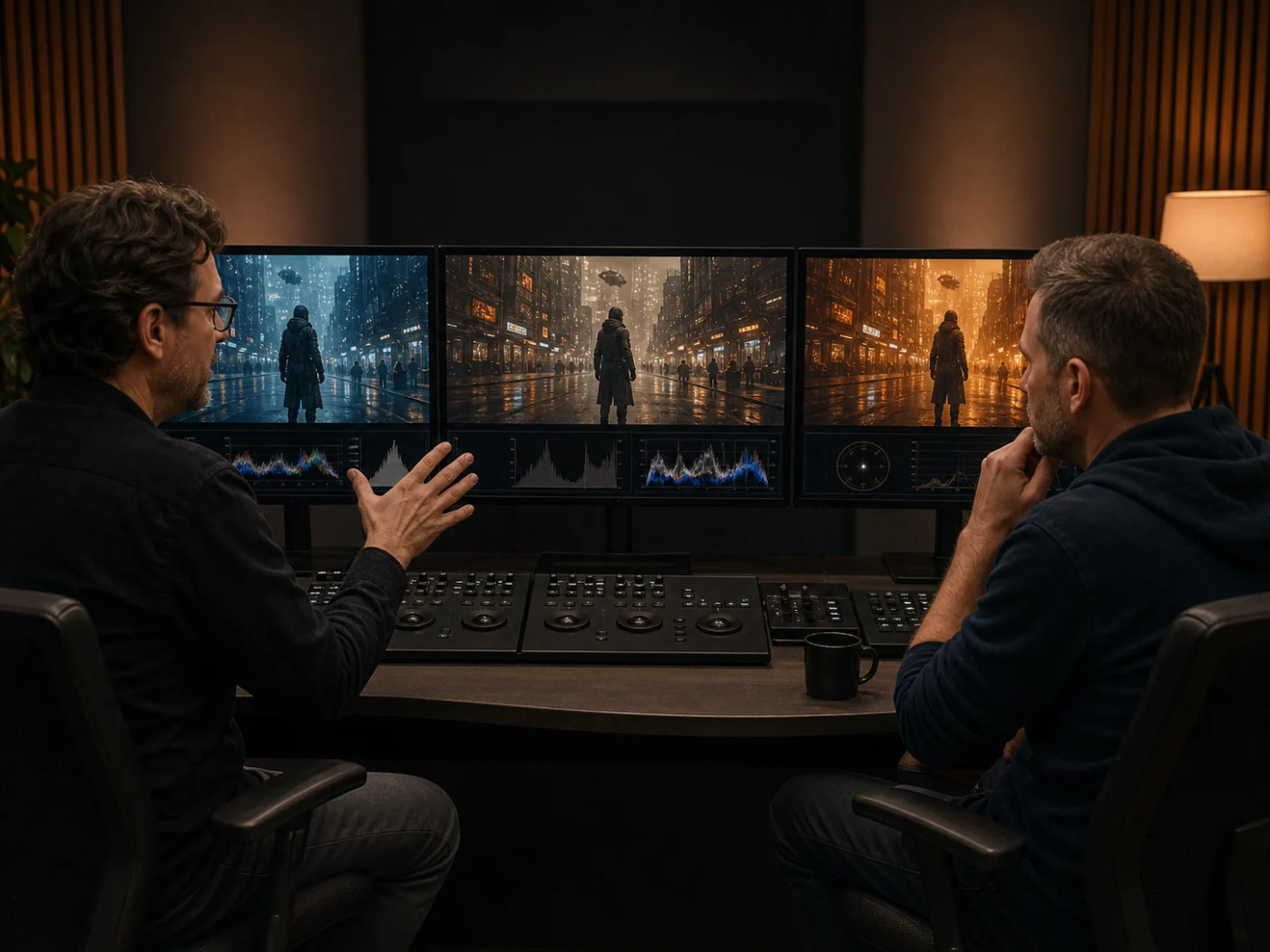 Director and cinematographer comparing three camera treatments of one generated scene