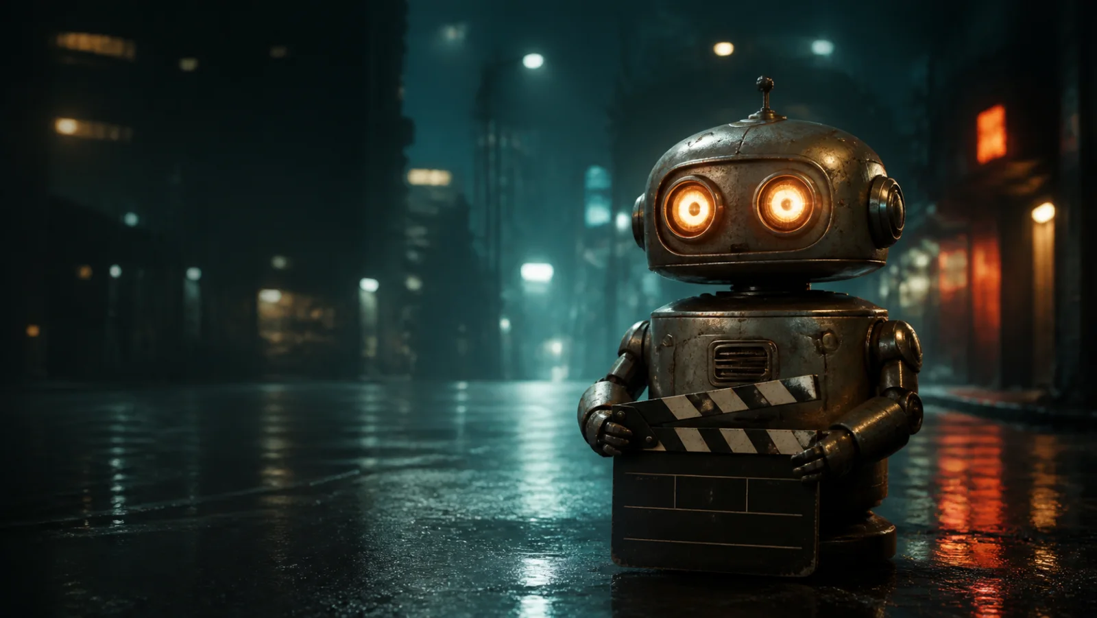 Small robot in a rainy neon street representing text-to-video generation