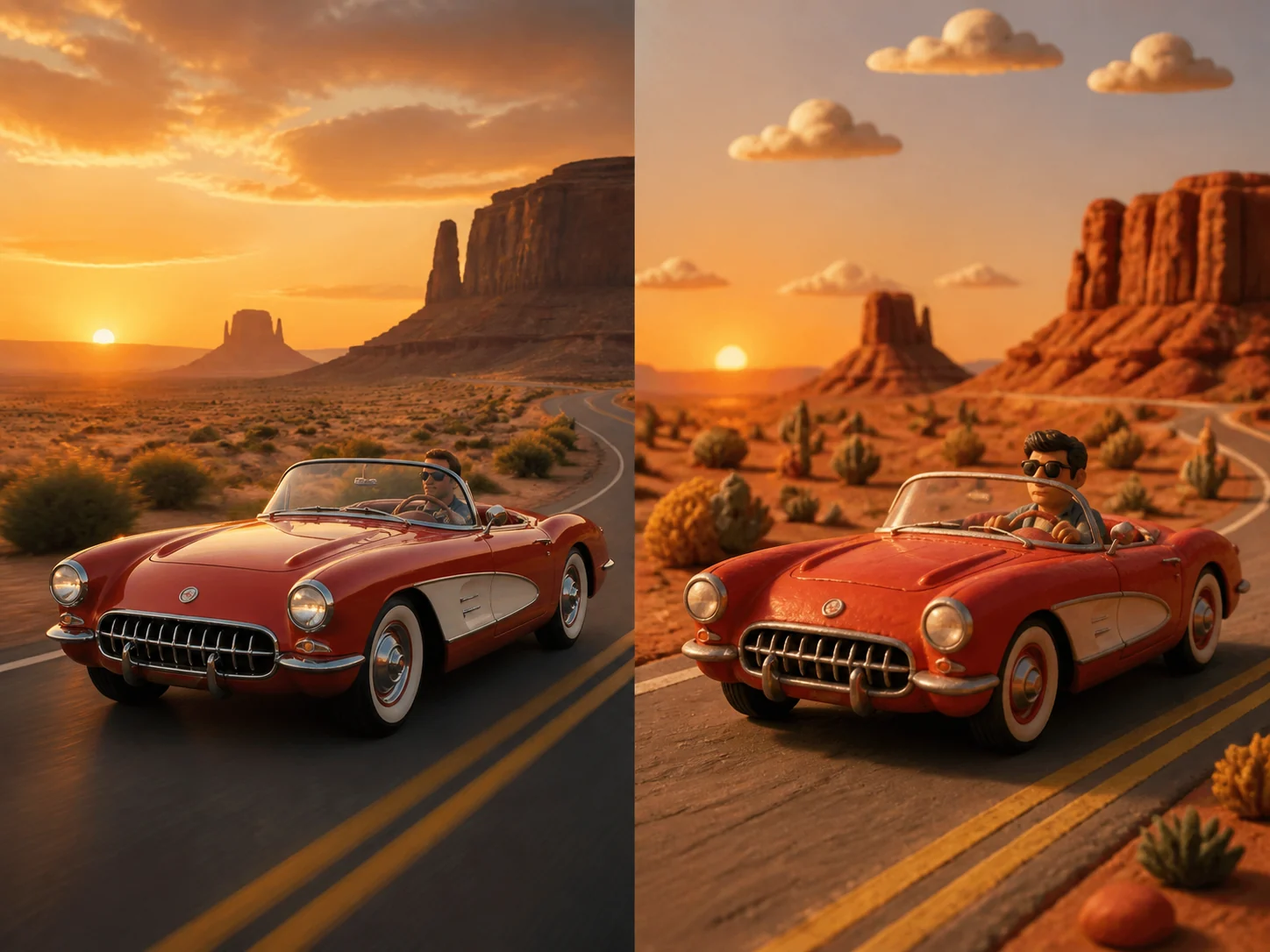 Red convertible aligned in photoreal and claymation video styles