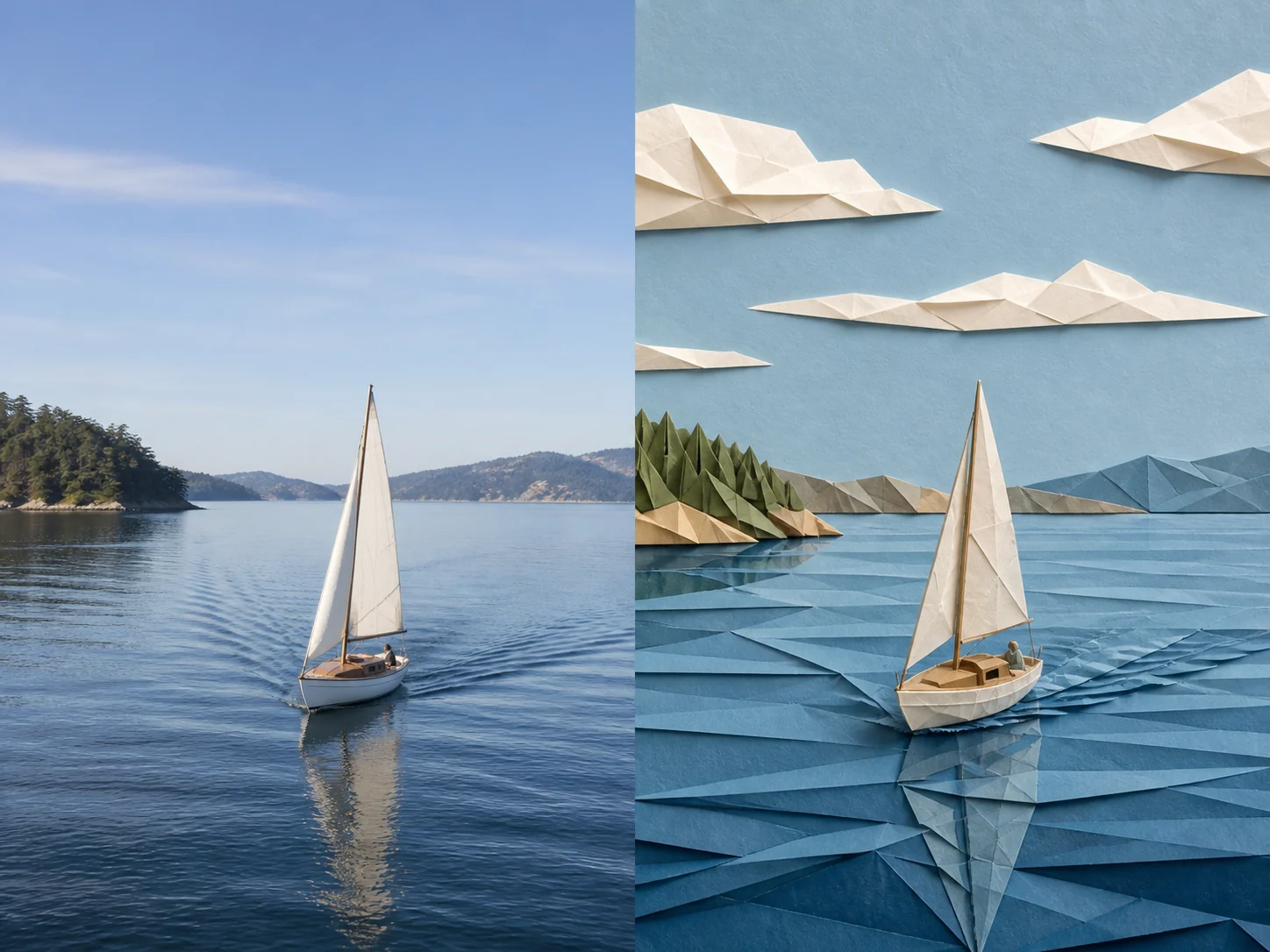 Aligned sailboat frame in live-action and folded-paper visual styles