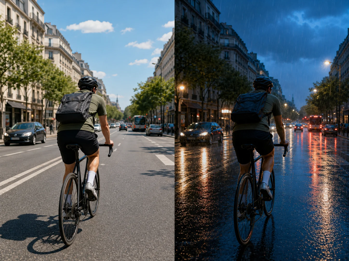 Aligned cyclist video frame in midday and rainy blue-hour lighting