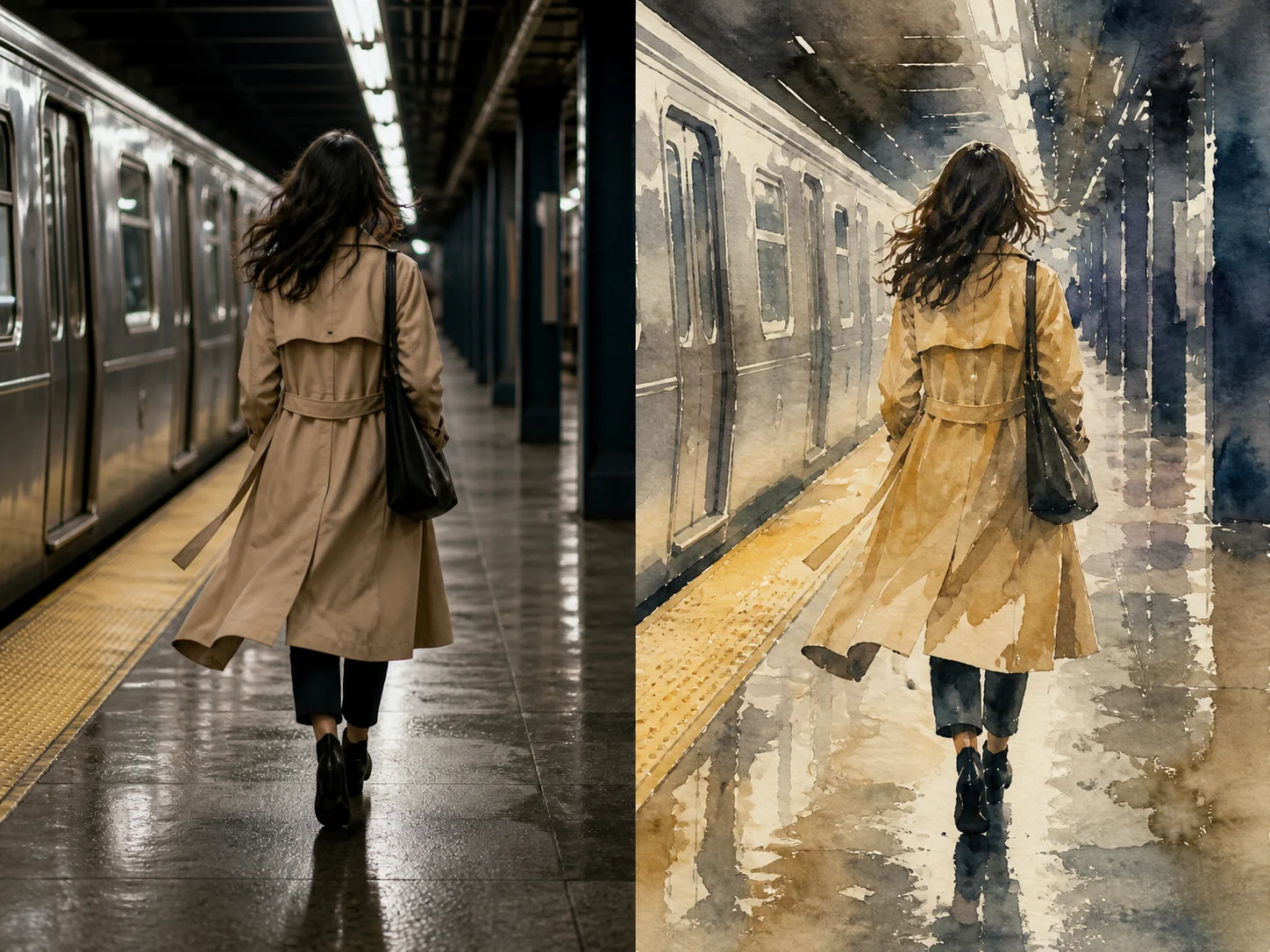 Woman on a subway platform aligned in documentary and watercolor styles