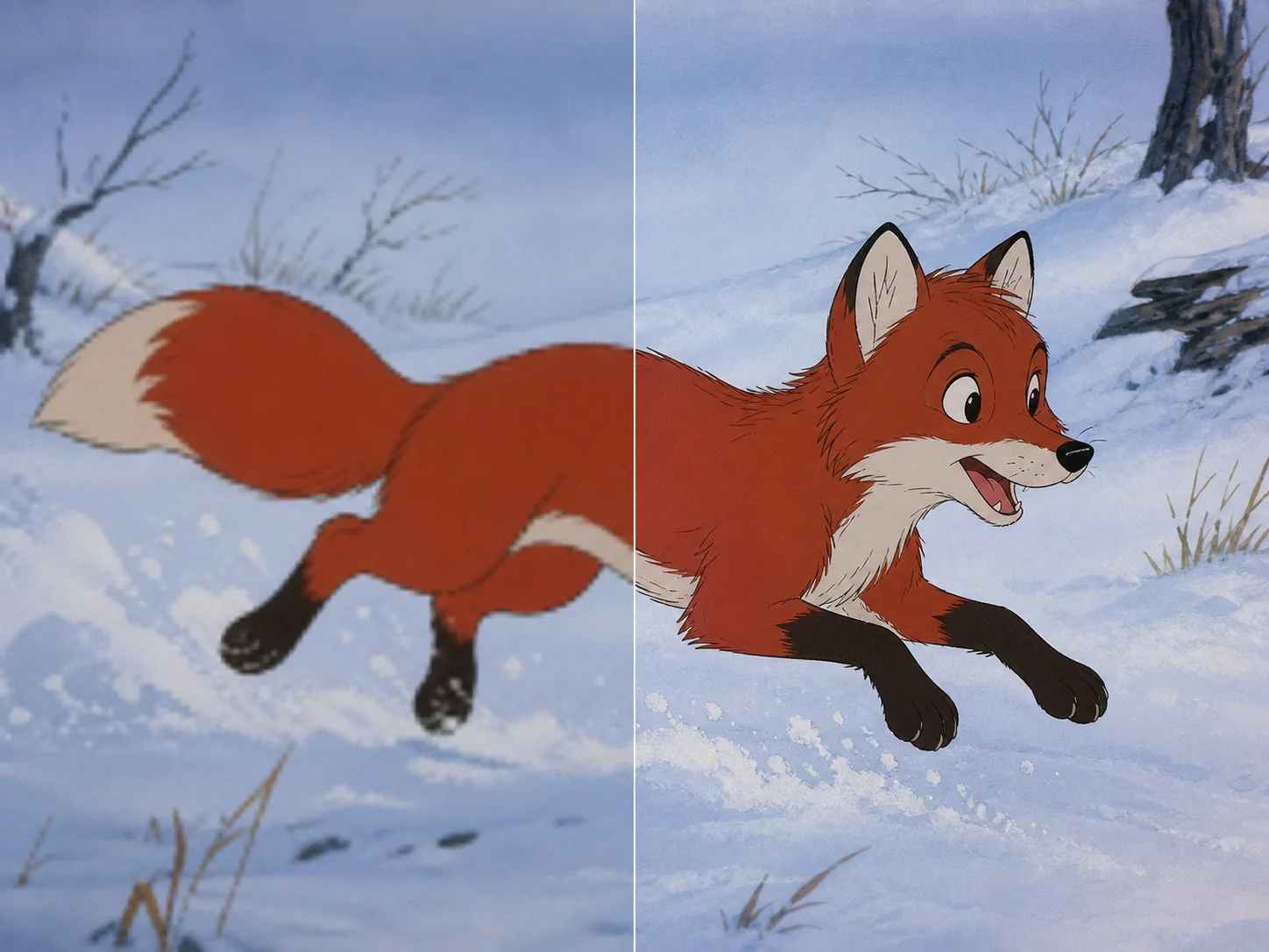 Aligned soft and sharpened hand-drawn fox animation frame in snow