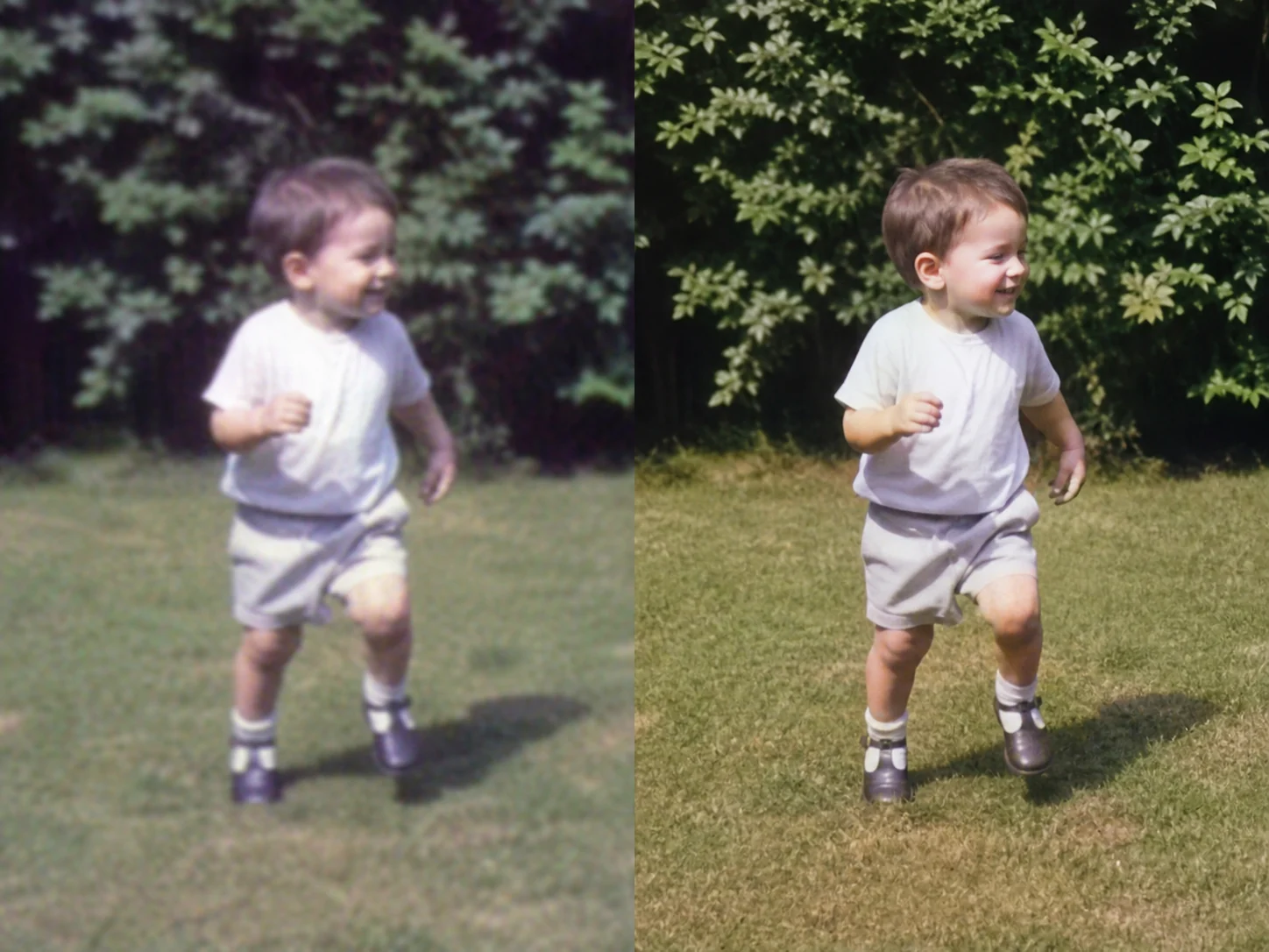 Aligned old family video frame before and after detail restoration