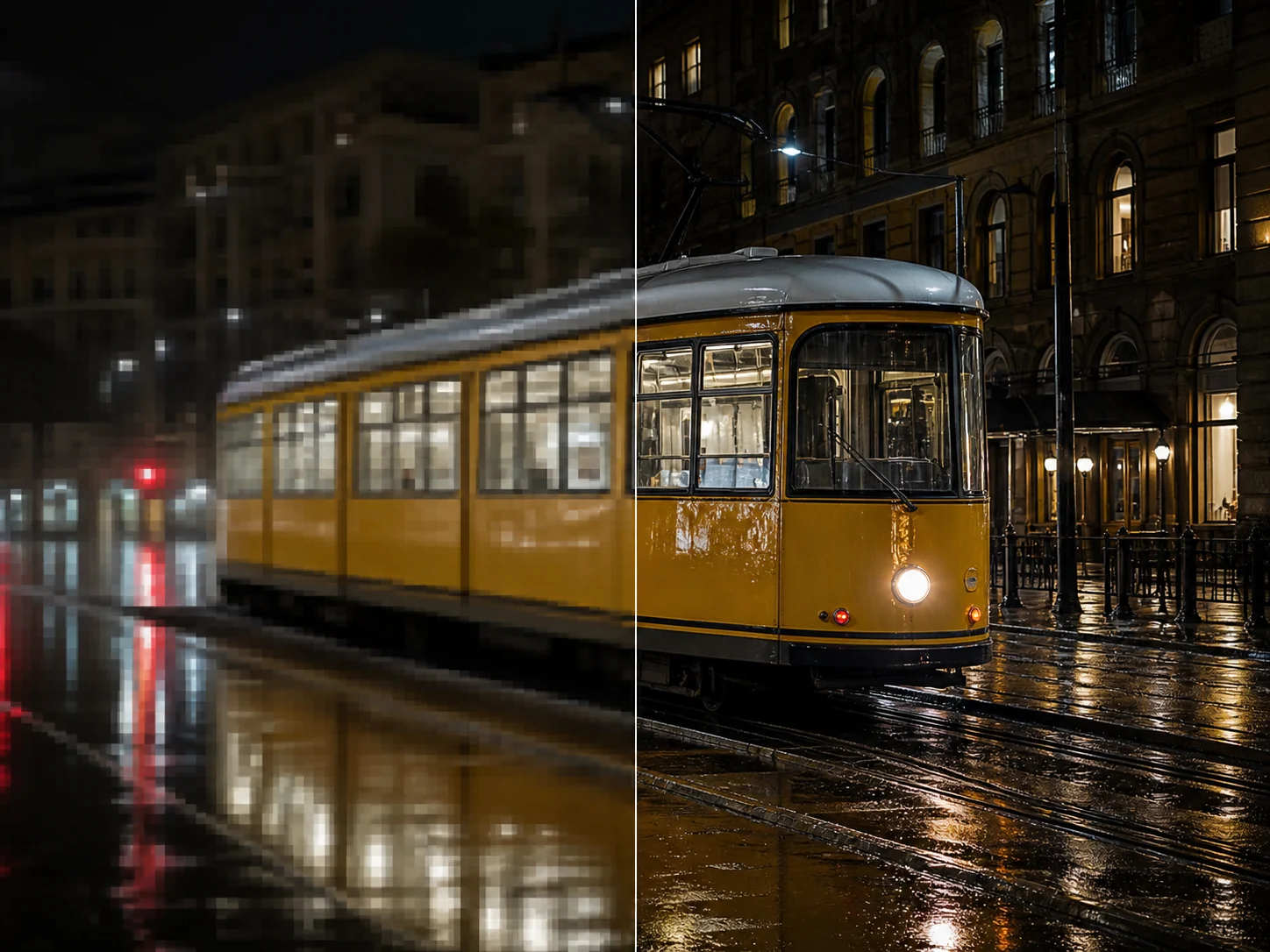 Aligned pixelated and restored yellow tram video frame at night
