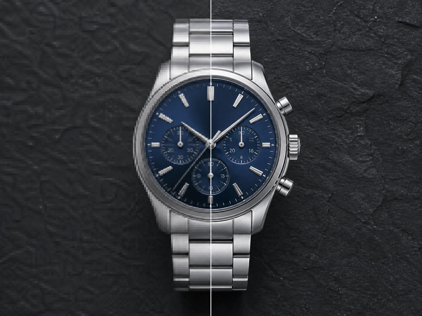 Aligned low-resolution and sharp wristwatch video frame comparison