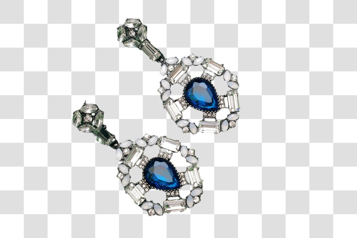 The same blue gemstone earrings isolated on a transparent checkerboard