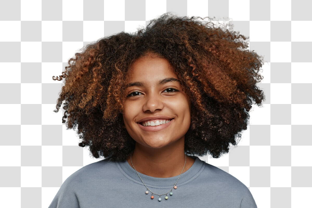 The same portrait isolated on a transparent checkerboard after background removal