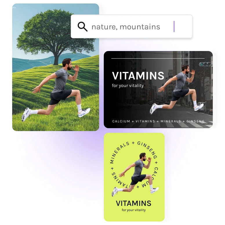 A runner cutout reused across several advertising backgrounds and layouts