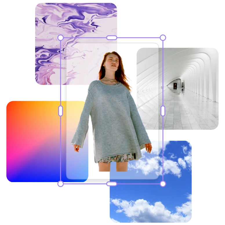 A full-length cutout being arranged with photos and color panels in a marketing layout