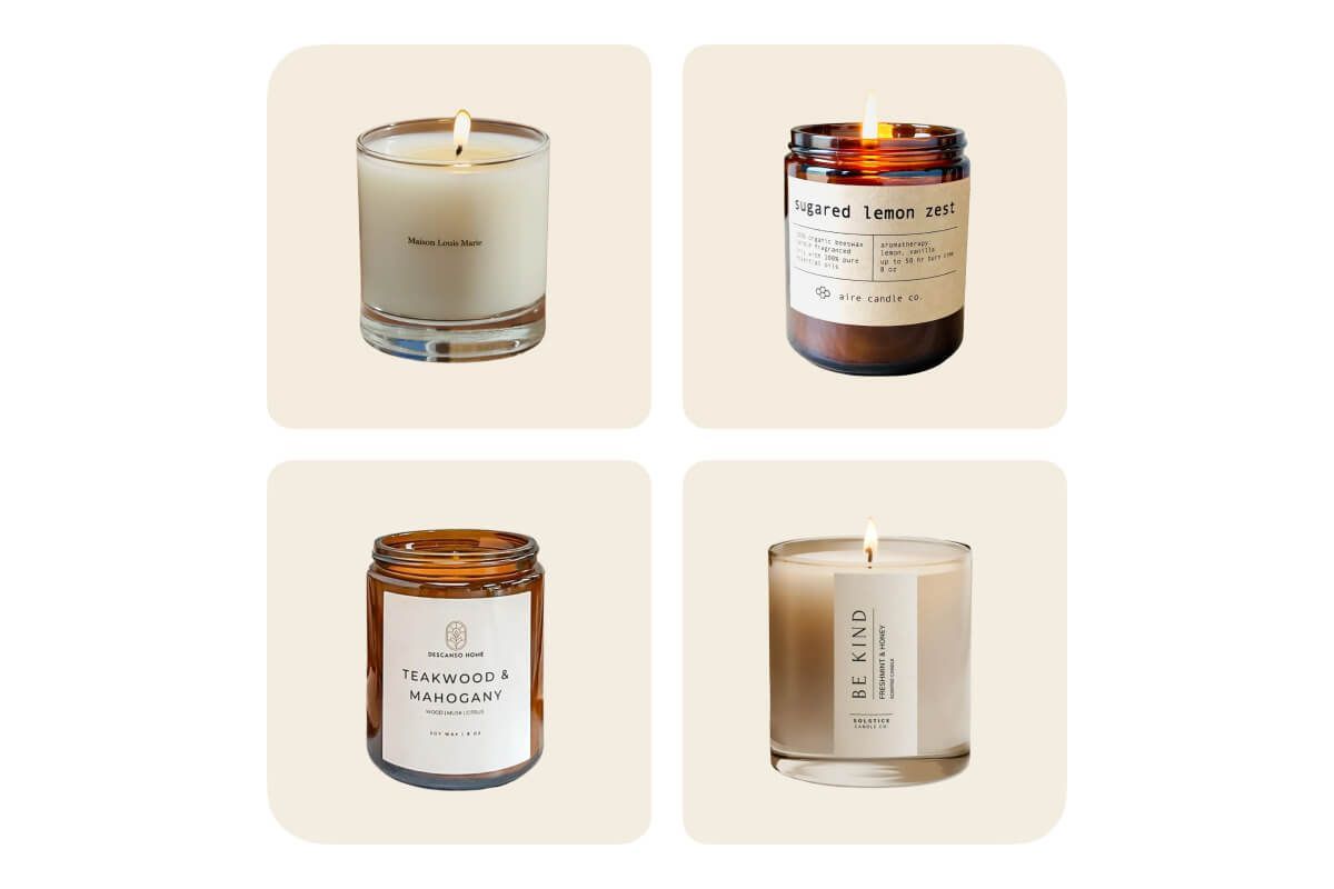 A catalog grid of candle products arranged on clean neutral backgrounds