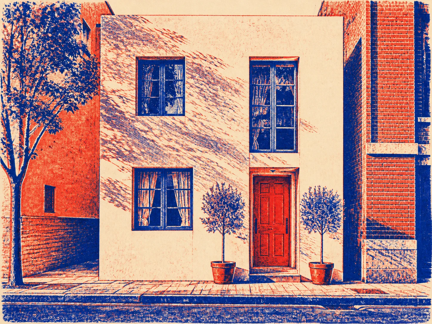 The same townhouse rendered as a two-color risograph after Transform Style