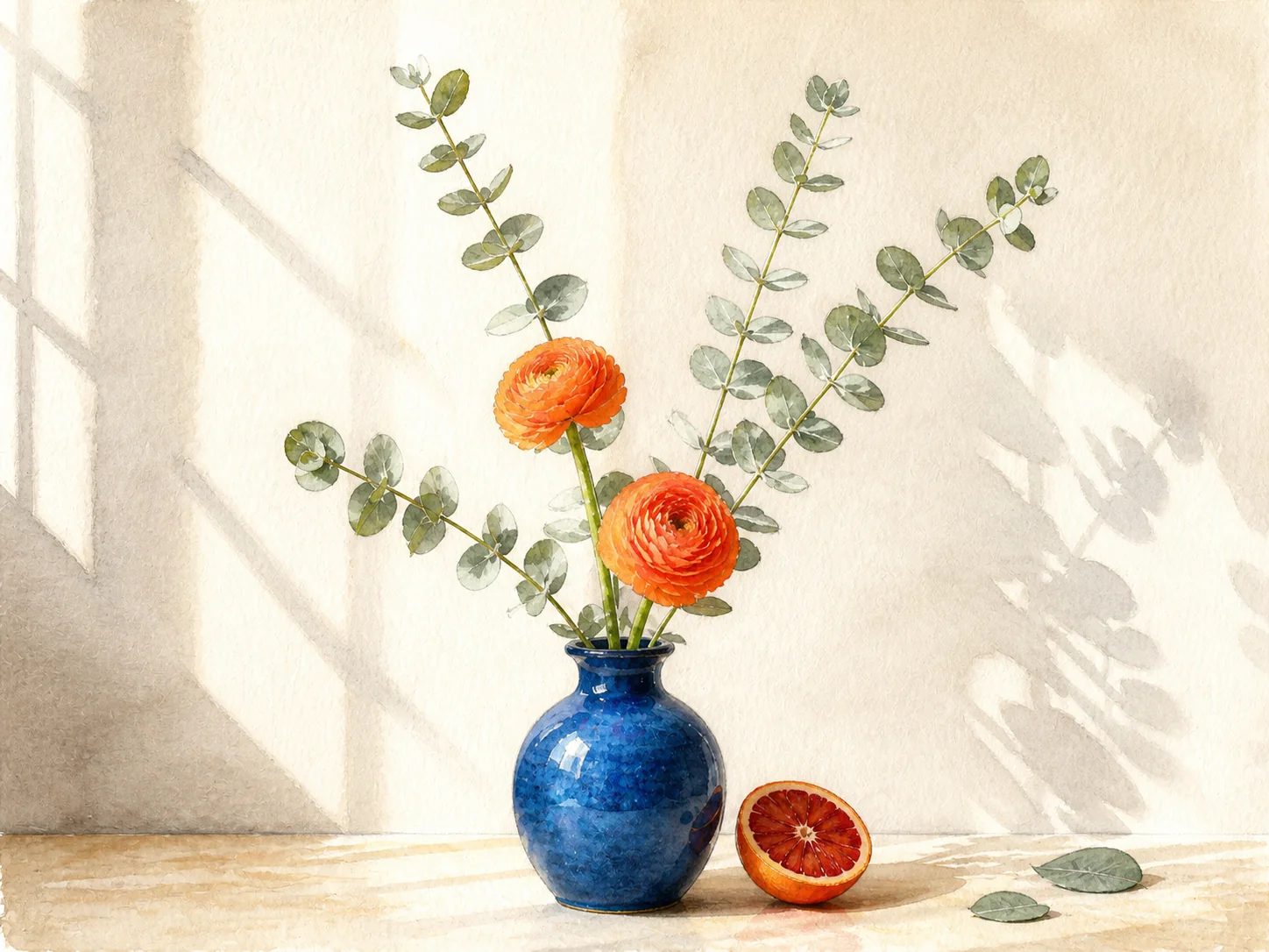 The same botanical still life painted in watercolor after Transform Style