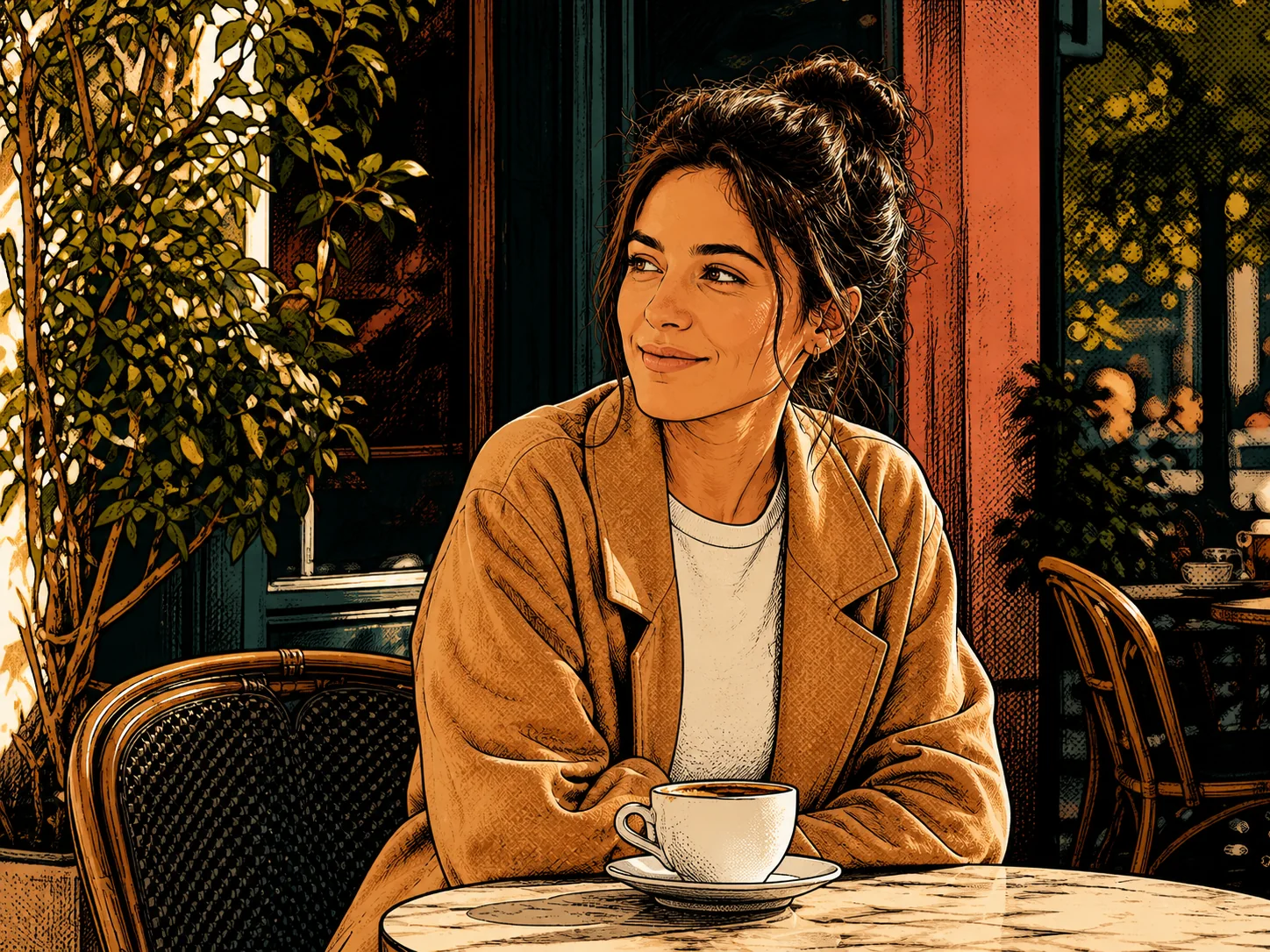 Woman at an outdoor cafe transformed into a warm graphic novel illustration