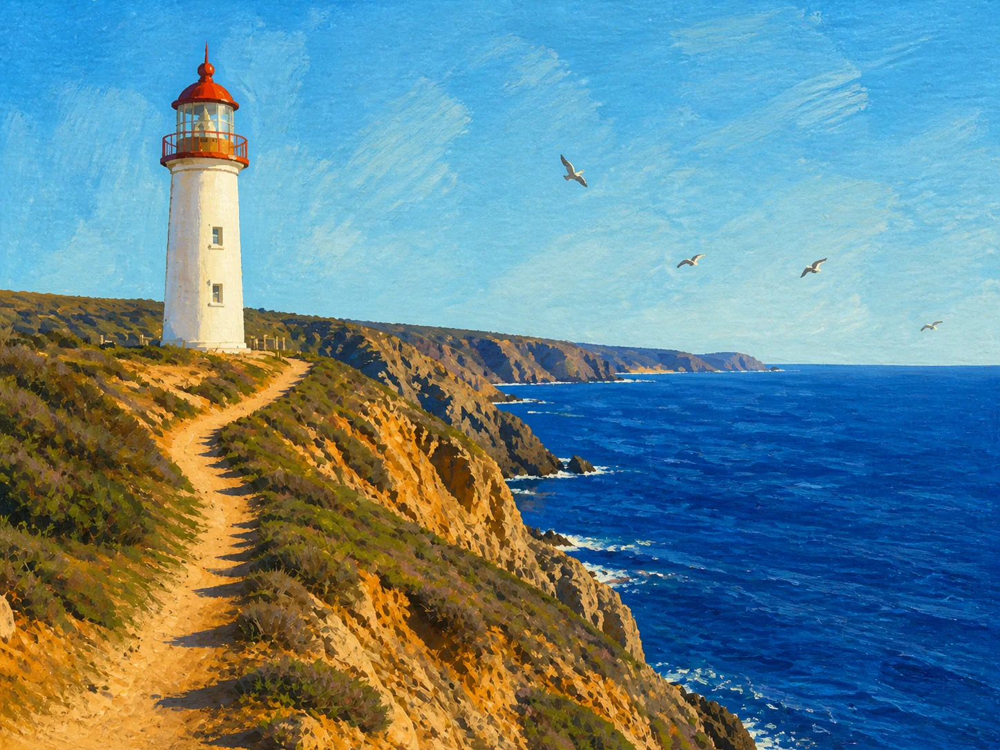 The same lighthouse composition rendered as a gouache illustration after Transform Style