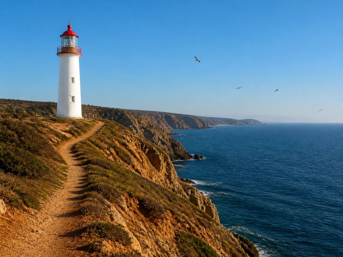 Photograph of a white lighthouse on an ochre cliff before Transform Style