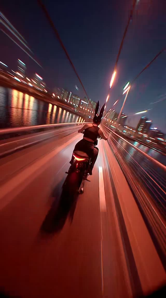 A cinematic motorcycle ride across a city bridge at night