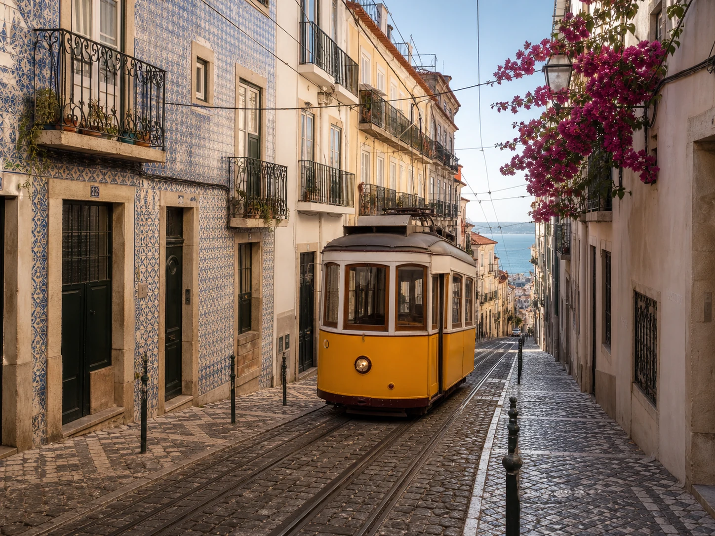 Clean Lisbon street and yellow tram after a visible preview watermark is removed
